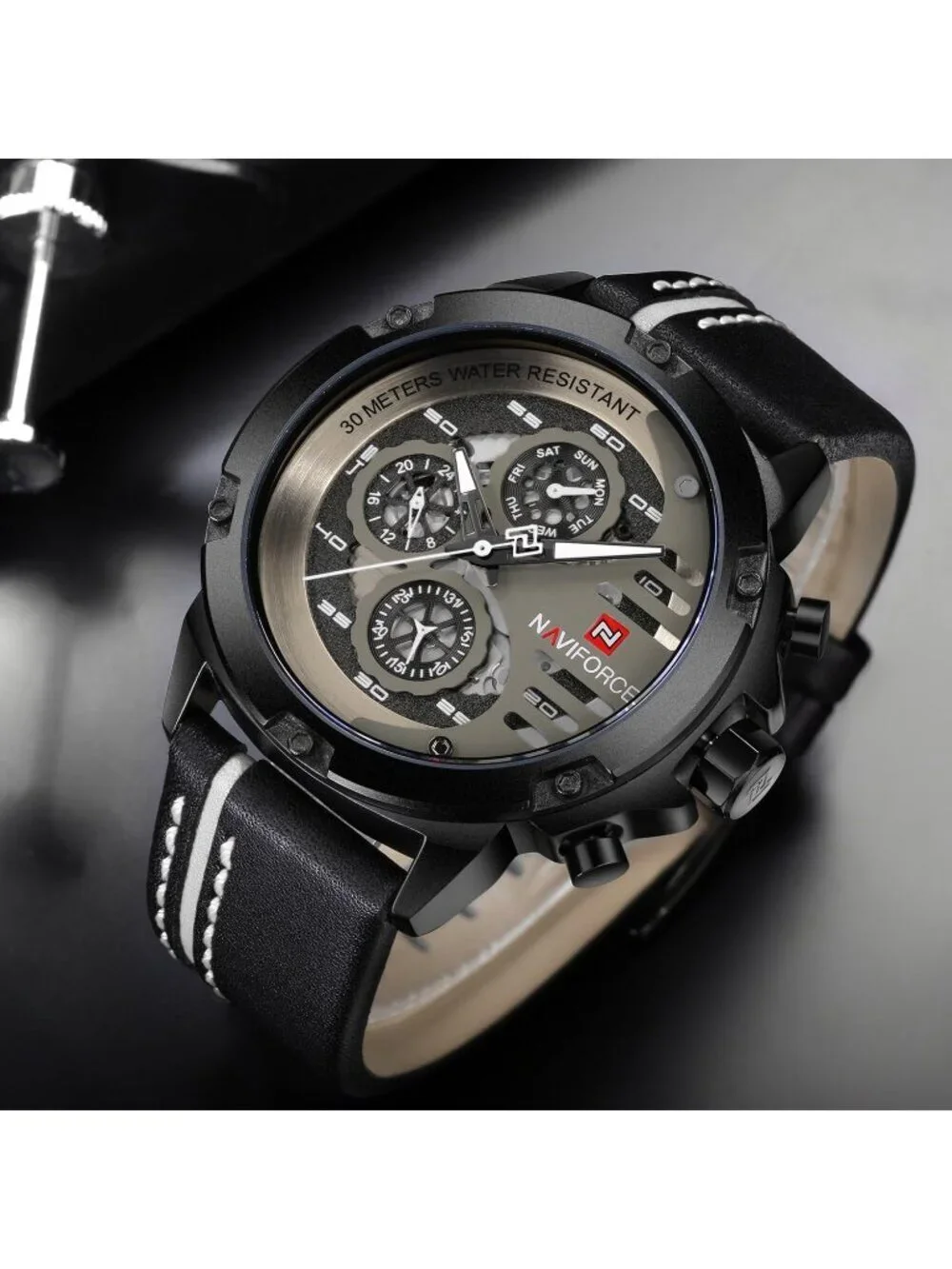 Men's All Black Analog Quartz Leather Band Waterproof Sport Military Wrist Watch